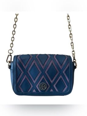 Tory Burch Robinson Patchwork Chain Crossbody Blue Leather Purple Suede